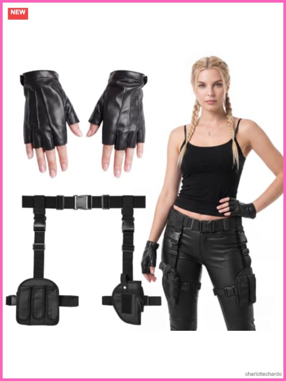 Women's Thigh Holster Costume Set PU Leather Fingerless Gloves Cosplay